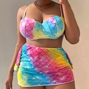 SHEIN Swim 2XL Summer Beach Rainbow Fish Scales Print Push Up Bikini Set
